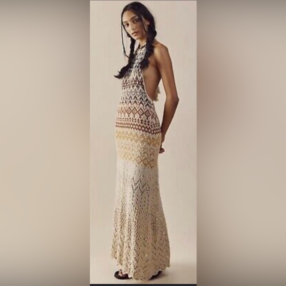 Free People Multicolor Crochet Backless Dress,   Fits More Like A Large Or Xl.